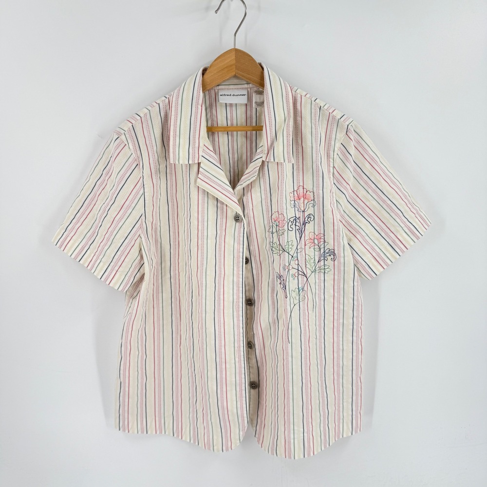 Vintage Alfred Dunner Button Down Shirt Embroidered Stripe Cotton Blend Size 14